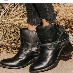 freebird Black Leather Ankle Boots with Wrap Detail